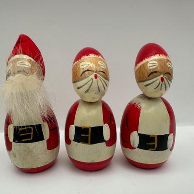 Vintage Made in Japan Small Wooden Christmas Kokeshi Santa Claus & Snowmen Peg Dolls