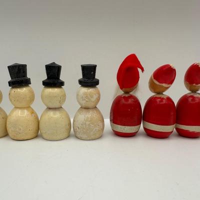 Vintage Made in Japan Small Wooden Christmas Kokeshi Santa Claus & Snowmen Peg Dolls
