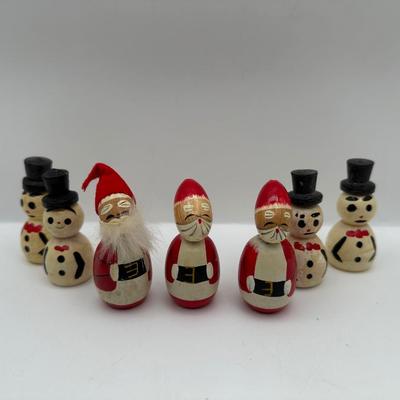 Vintage Made in Japan Small Wooden Christmas Kokeshi Santa Claus & Snowmen Peg Dolls