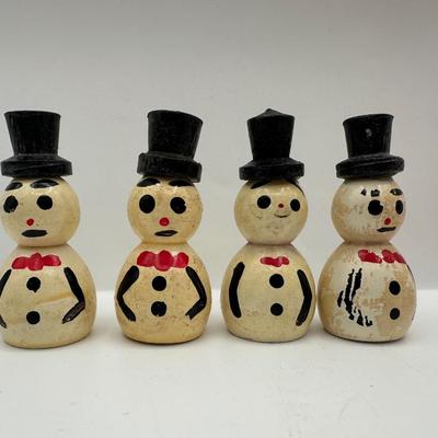 Vintage Made in Japan Small Wooden Christmas Kokeshi Santa Claus & Snowmen Peg Dolls