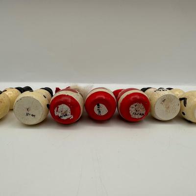 Vintage Made in Japan Small Wooden Christmas Kokeshi Santa Claus & Snowmen Peg Dolls