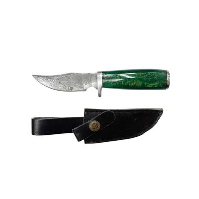 E - Green Handle Handmade Damascus Steel Fixed Blade Knife w/Steel Bolster & End Cap w/Leather Case - Military Hunting Tactical...