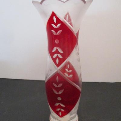 Lenox 9" Clear Ruby Red Etched Glass Vase