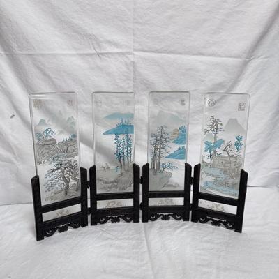Miniature Asian Table Screen and Bronze Crane and Turtle Statue (LR-DZ)