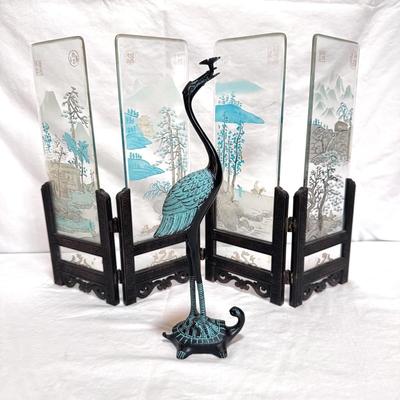 Miniature Asian Table Screen and Bronze Crane and Turtle Statue (LR-DZ)