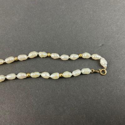 -59- JEWELRY | 14K IPS Yellow Gold Rice Pearl Necklace & Bracelet | Marked