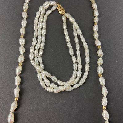-59- JEWELRY | 14K IPS Yellow Gold Rice Pearl Necklace & Bracelet | Marked