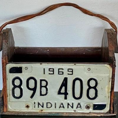 Vintage Wooden Tool Box With Two License Plates And Leather Strap