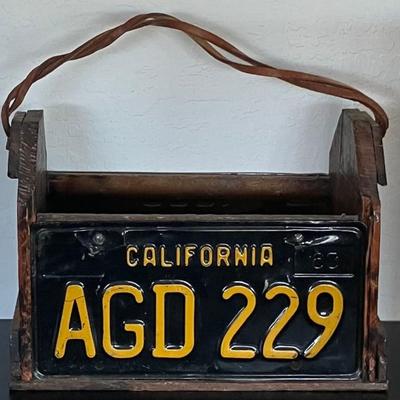 Vintage Wooden Tool Box With Two License Plates And Leather Strap