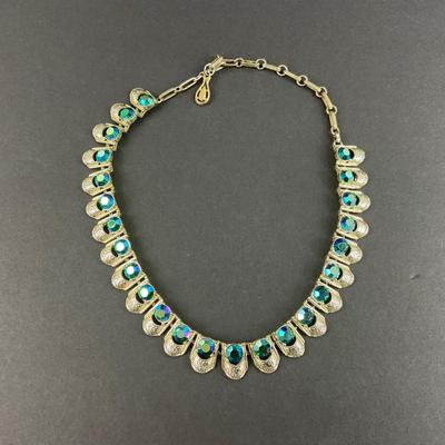 -64- CORO | Vintage Necklace With Green/Blue Rhinestones Necklace | Marked