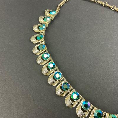 -64- CORO | Vintage Necklace With Green/Blue Rhinestones Necklace | Marked