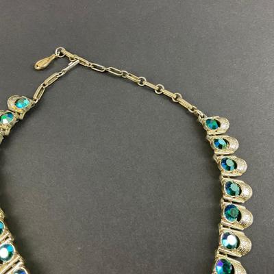 -64- CORO | Vintage Necklace With Green/Blue Rhinestones Necklace | Marked