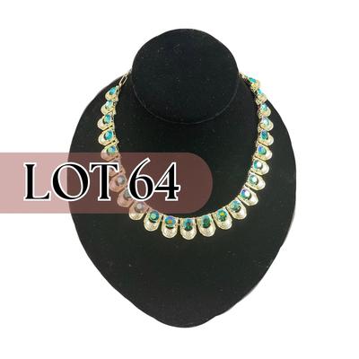 -64- CORO | Vintage Necklace With Green/Blue Rhinestones Necklace | Marked