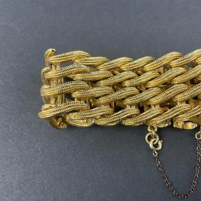 -65- MONET | Brushed Gold Tone Basket Weave Link Bracelet | Marked