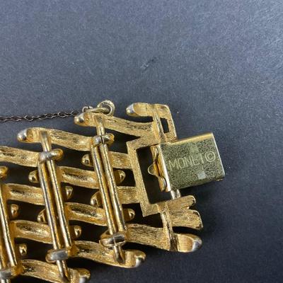 -65- MONET | Brushed Gold Tone Basket Weave Link Bracelet | Marked