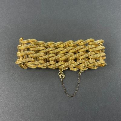 -65- MONET | Brushed Gold Tone Basket Weave Link Bracelet | Marked