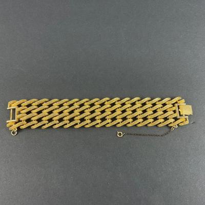 -65- MONET | Brushed Gold Tone Basket Weave Link Bracelet | Marked