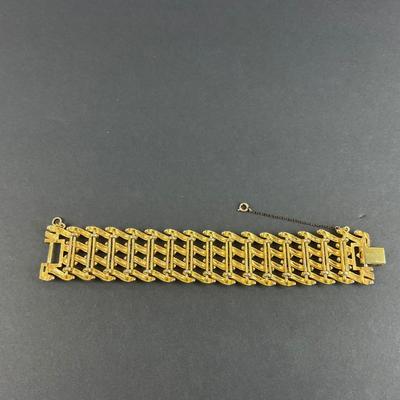 -65- MONET | Brushed Gold Tone Basket Weave Link Bracelet | Marked