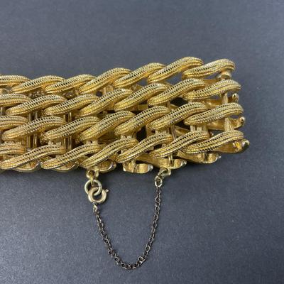 -65- MONET | Brushed Gold Tone Basket Weave Link Bracelet | Marked