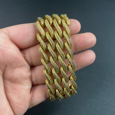 -65- MONET | Brushed Gold Tone Basket Weave Link Bracelet | Marked