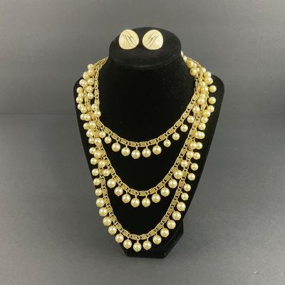 -69- TRIFARI | Gold Tone Necklace & Clip Earrings | Marked