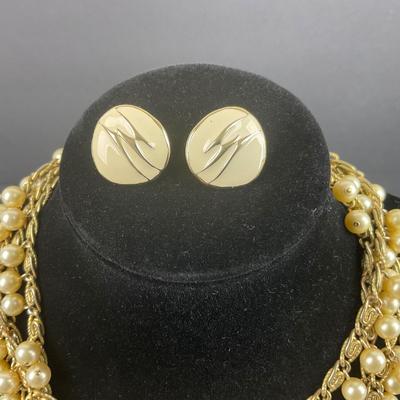 -69- TRIFARI | Gold Tone Necklace & Clip Earrings | Marked