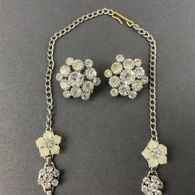 -72- JEWELRY | Rhinestone & Flowers Necklace & Clip Earrings