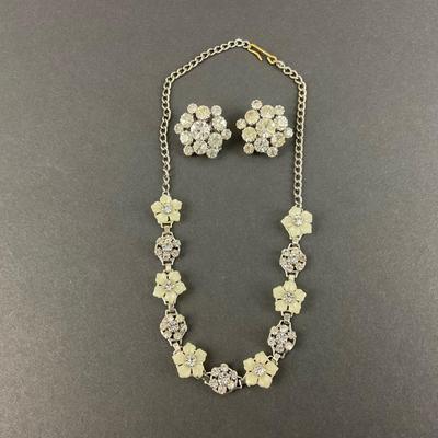 -72- JEWELRY | Rhinestone & Flowers Necklace & Clip Earrings