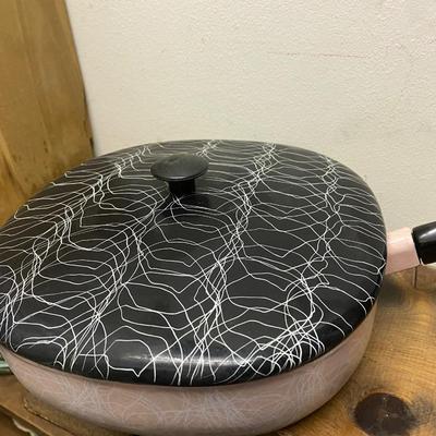 1950s Serendipity Pink and Black Spaghetti Enamel Frypan and Lid