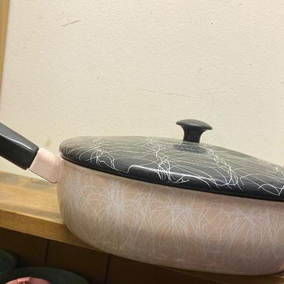 1950s Serendipity Pink and Black Spaghetti Enamel Frypan and Lid