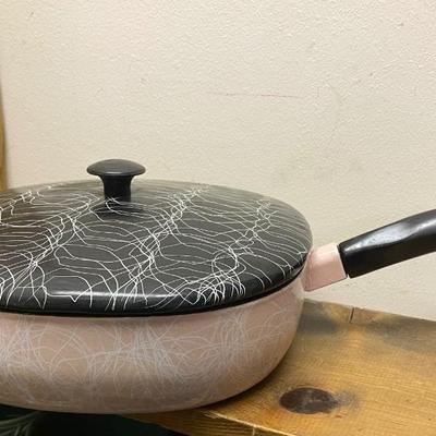 1950s Serendipity Pink and Black Spaghetti Enamel Frypan and Lid