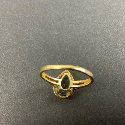 -88- GOLD | 14K Yellow Gold Tear Drop Blue Stone & Diamonds Ring | Marked