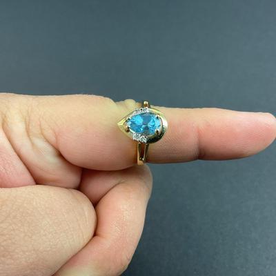 -88- GOLD | 14K Yellow Gold Tear Drop Blue Stone & Diamonds Ring | Marked