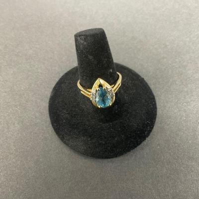 -88- GOLD | 14K Yellow Gold Tear Drop Blue Stone & Diamonds Ring | Marked