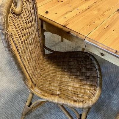 Pine Dining Table And Four Rattan Chairs