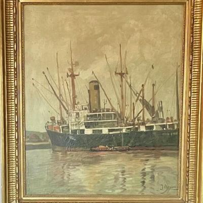 John Ernest Breun Original Vintage Oil Painting Of Ship
