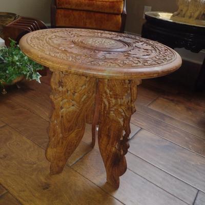 Carved Wooden Side Table with Inlay Design- Approx 15" in Diameter, 16 1/4" Tall
