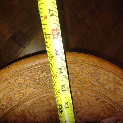 Carved Wooden Side Table with Inlay Design- Approx 15" in Diameter, 16 1/4" Tall