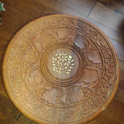 Carved Wooden Side Table with Inlay Design- Approx 15" in Diameter, 16 1/4" Tall
