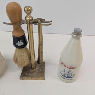 Old Spice After Shave Bottle Brass Brush Holder Stand Shaving Mug Hand Painted Nippon