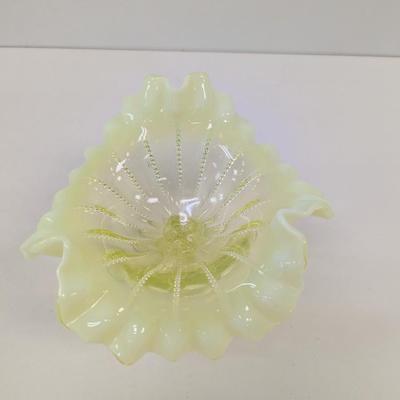 Vaseline Glass Ruffled Edge Pedestal Candy Dish Choice #2