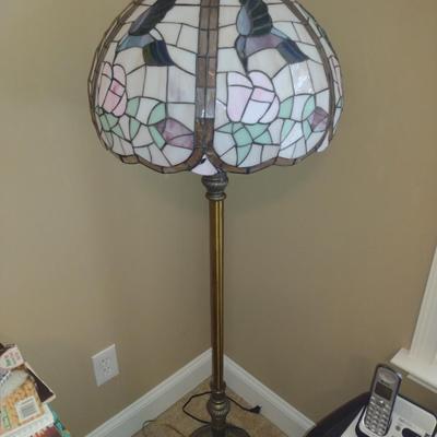 Metal Post Floor 3-Way Lamp with Stained Glass Hummingbird Design Shade- Approx 58" Tall