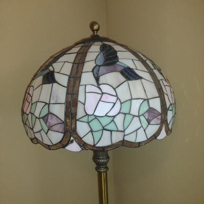 Metal Post Floor 3-Way Lamp with Stained Glass Hummingbird Design Shade- Approx 58" Tall