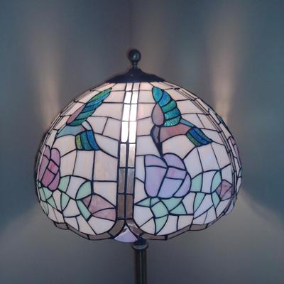 Metal Post Floor 3-Way Lamp with Stained Glass Hummingbird Design Shade- Approx 58" Tall