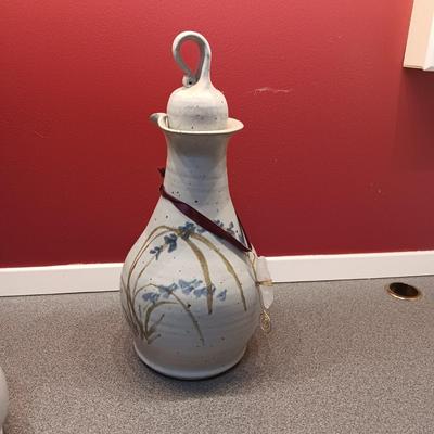SIGNED CLAY BOTTLE WITH TOPPER AND SMALL CLAY BOWL