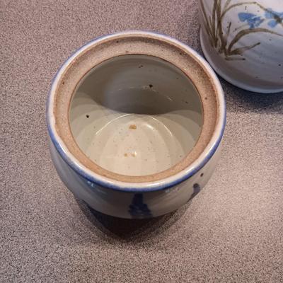 SIGNED CLAY BOTTLE WITH TOPPER AND SMALL CLAY BOWL