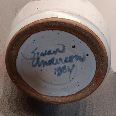 SIGNED CLAY BOTTLE WITH TOPPER AND SMALL CLAY BOWL