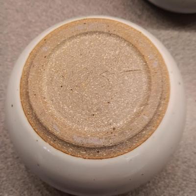 SIGNED CLAY BOTTLE WITH TOPPER AND SMALL CLAY BOWL