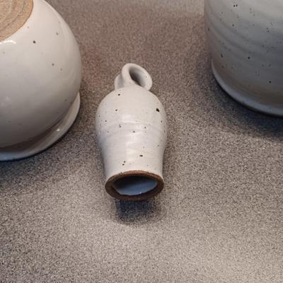 SIGNED CLAY BOTTLE WITH TOPPER AND SMALL CLAY BOWL