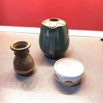 SIGNED CLAY VASES AND A SMALL BOWL